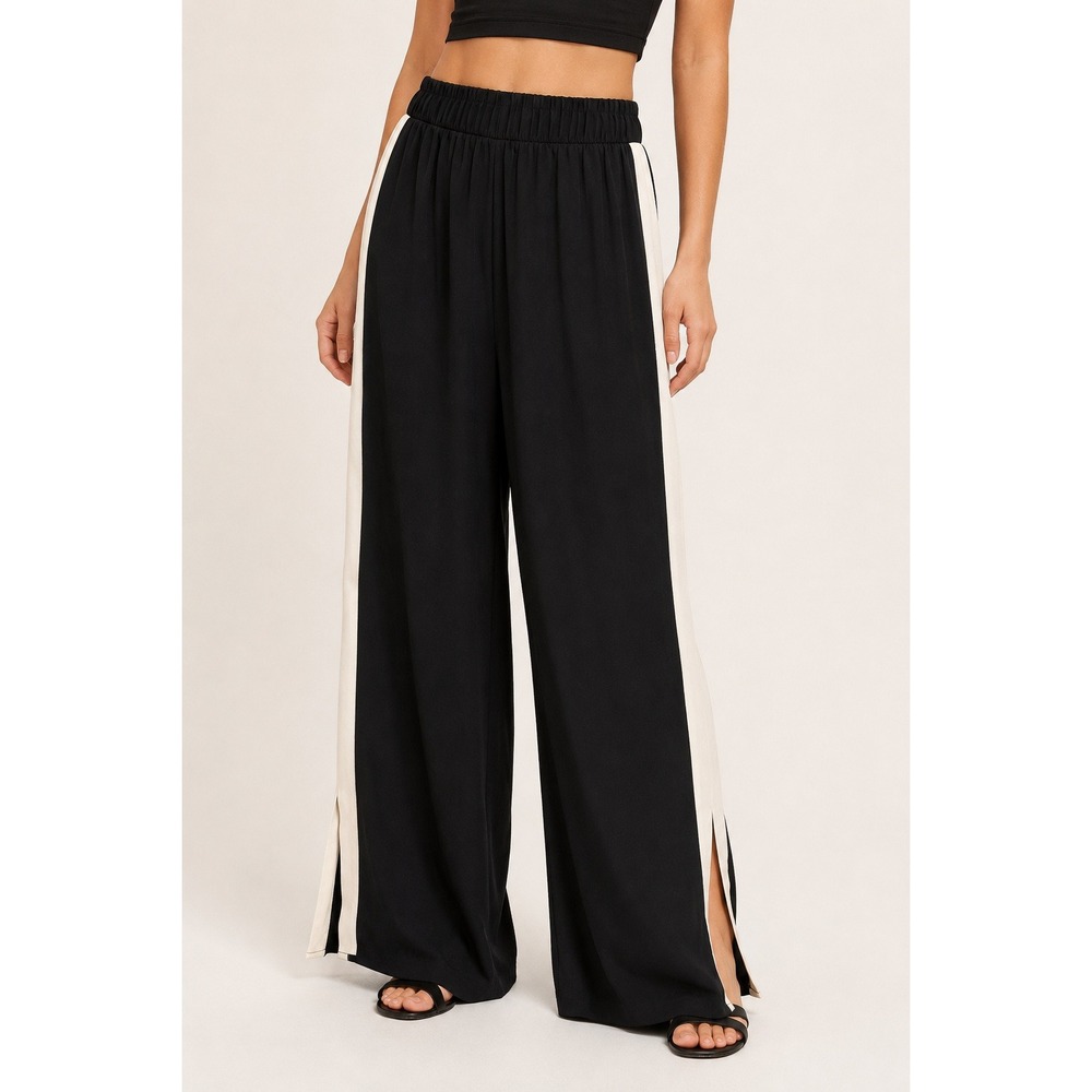 VICI Tyche Wide Leg Pants Black White Women Medium Side Stripe Slit Trousers